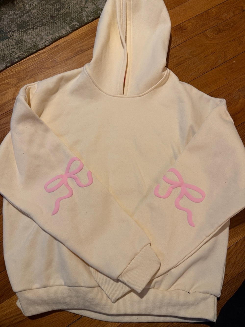 Edikted Cream Hoodie Sweater with Pink Sleeve Bows